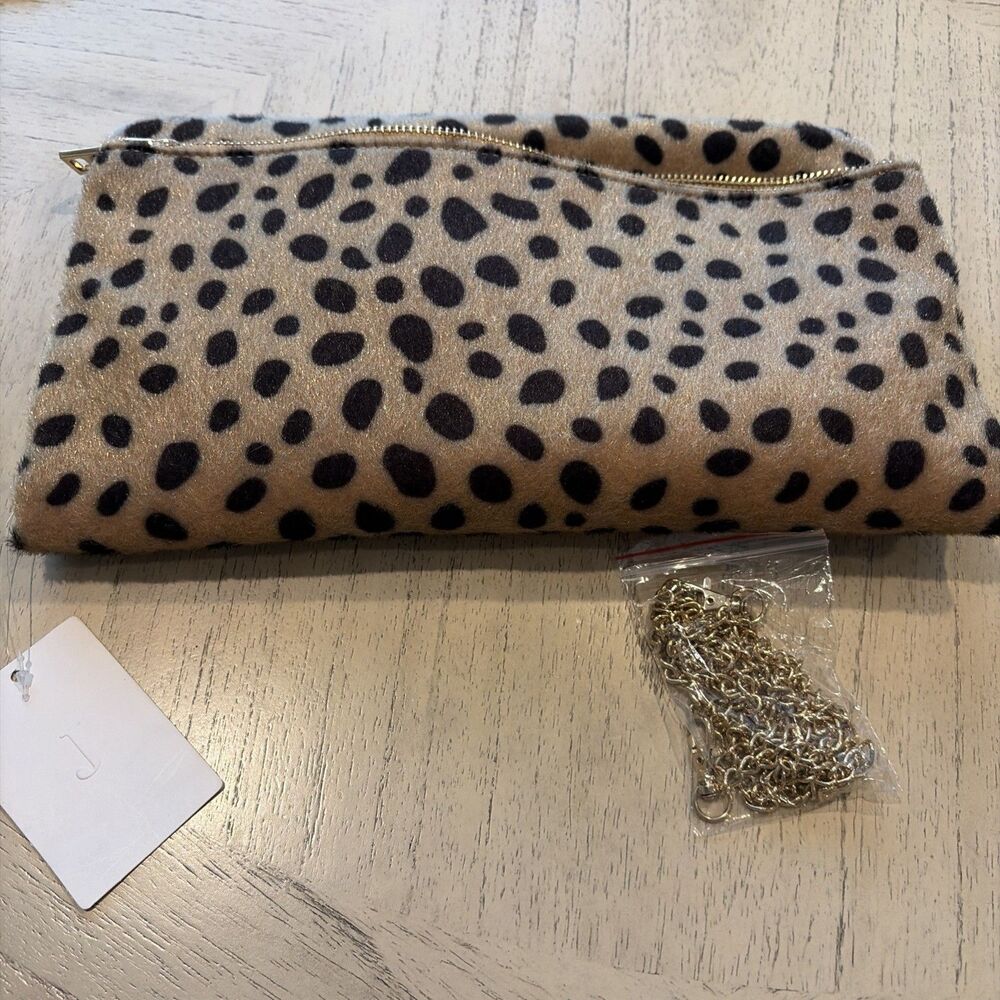 NWT J Animal Print Envelope Purse Evening Clutch Faux Fur Brown Zipper